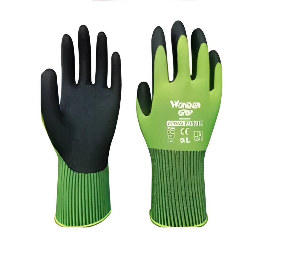 Fluorescent yellow nitrile dipped gardening gloves WG501 with knit lining and long sleeve cuffs, sizes S M L