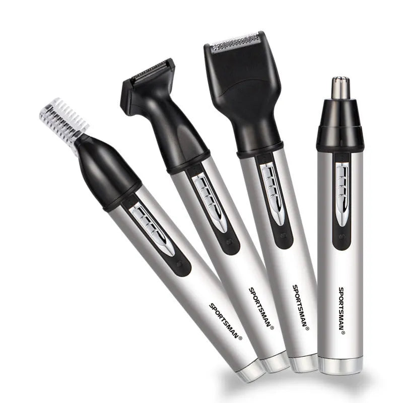 White electric nose hair trimmer with four heads, USB cable, placing base, and cleaning brush