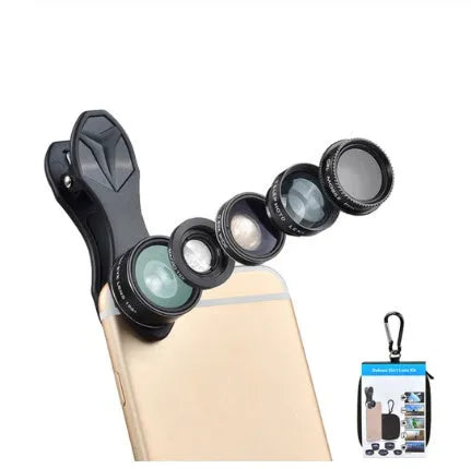 Black universal 5 in 1 clip-on phone camera lens kit with wide angle, macro, fisheye, telephoto, and CPL lenses