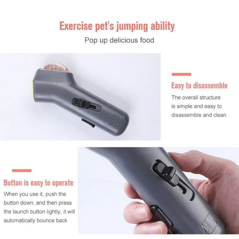 Grey pet snack catapult launcher toy measuring 18cm with comfortable grip handle