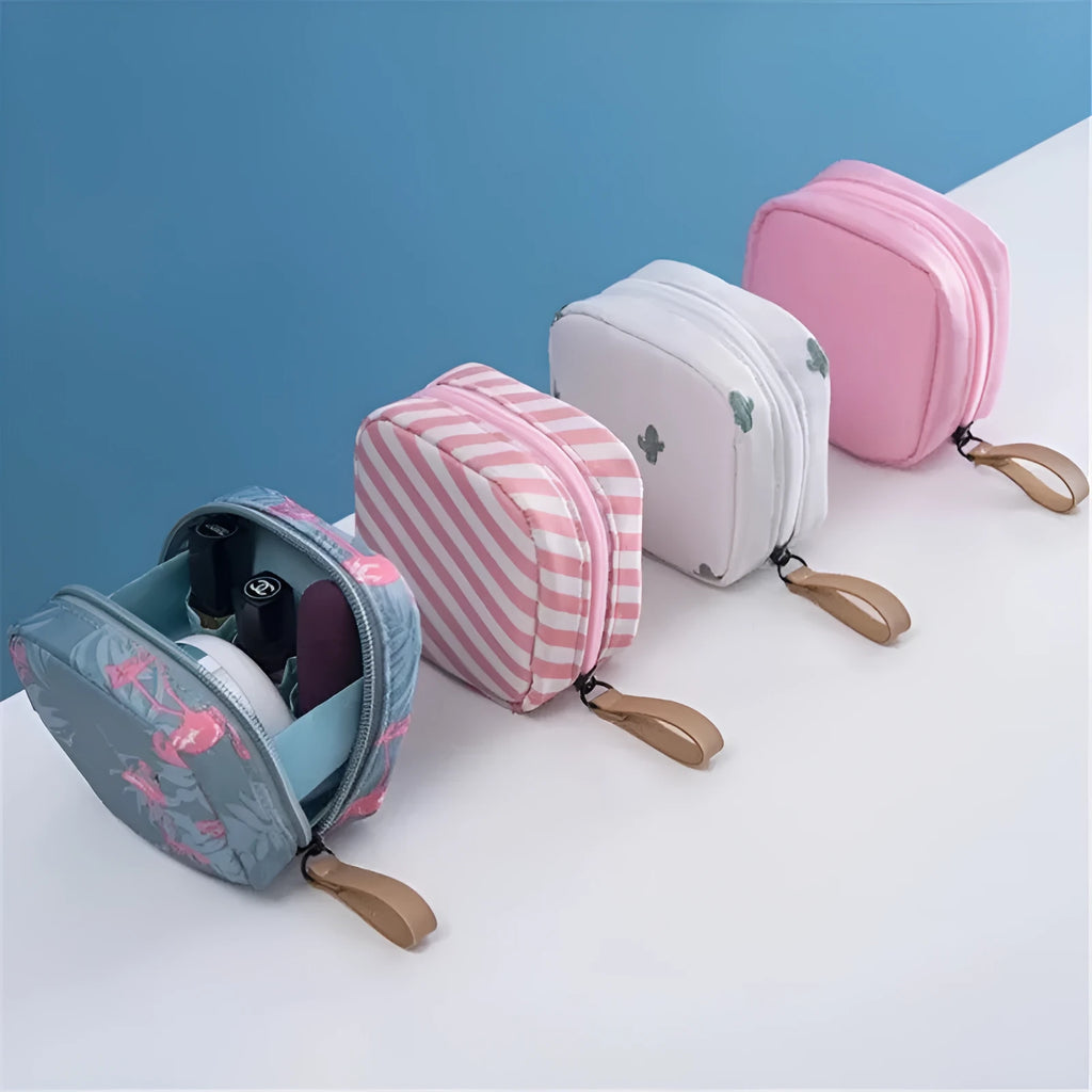 Cube shaped cloth makeup storage bag in plain pattern available in blue pink and white