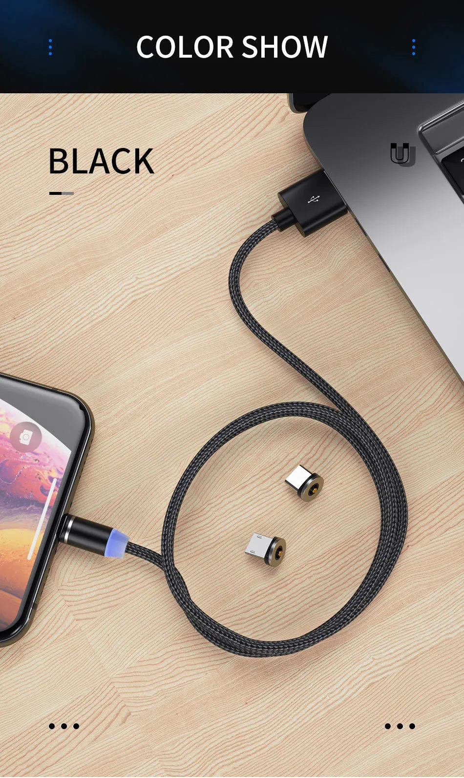 Magnetic USB charging cable with LED indicator in black and red colour options