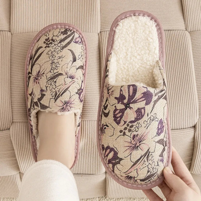 A pair of cotton household slippers with a linen surface and PVC sole in one of six colour options.