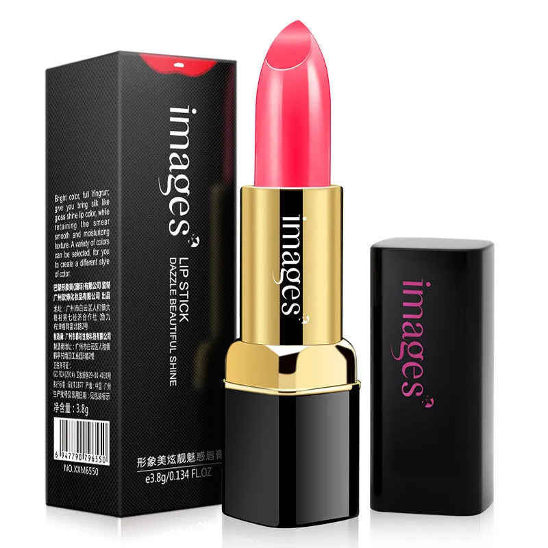 Moisturising lipstick lip gloss stick in a case with 10 colour options shown, including coral red and retro red.