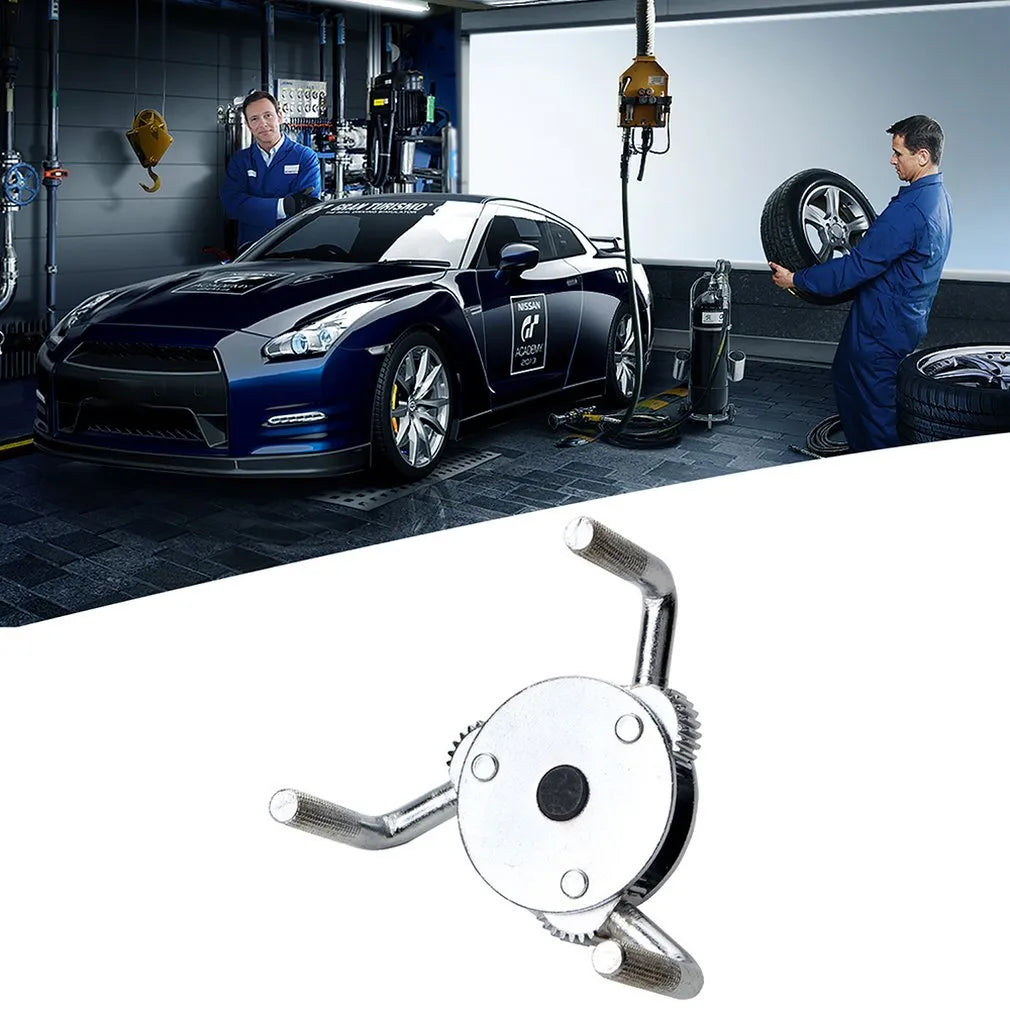Round three-jaw oil filter wrench with frosted surface treatment and metric system listing, silver colour option