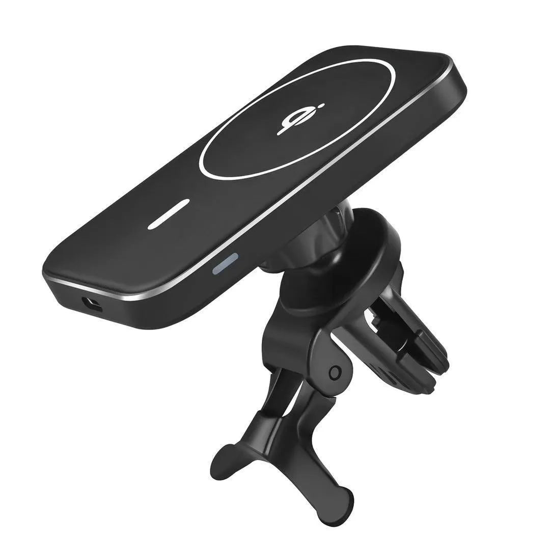 Black M6 magnetic wireless car charger bracket mounted in vehicle with phone attached