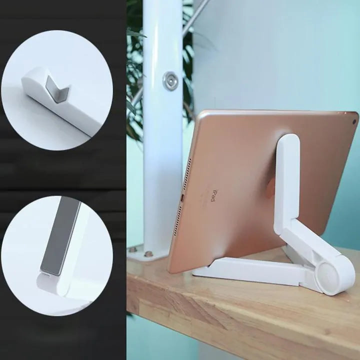 Black foldable tablet holder supporting a smartphone in landscape mode on a desk