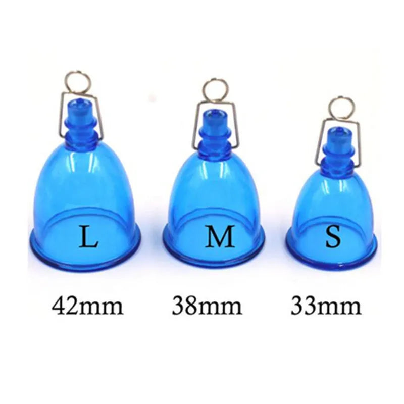 Blue silicone male masturbator cup for physical stretch exercise, shown in small, medium, and large sizes.