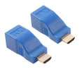 Compact black HDMI extender transmitter and receiver units for use with Cat-5e or Cat-6 cable.