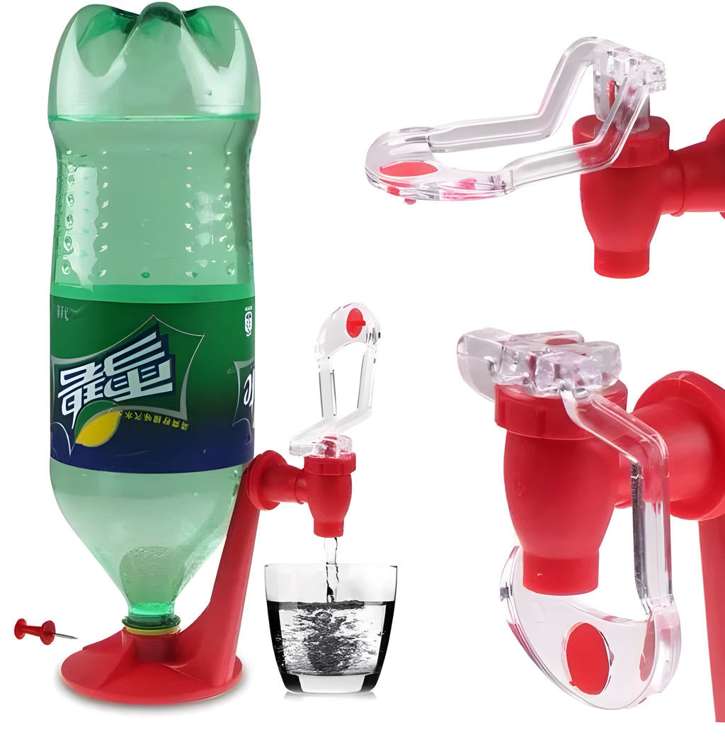 Red plastic soda dispenser attached to 2-litre bottle showing push-button mechanism
