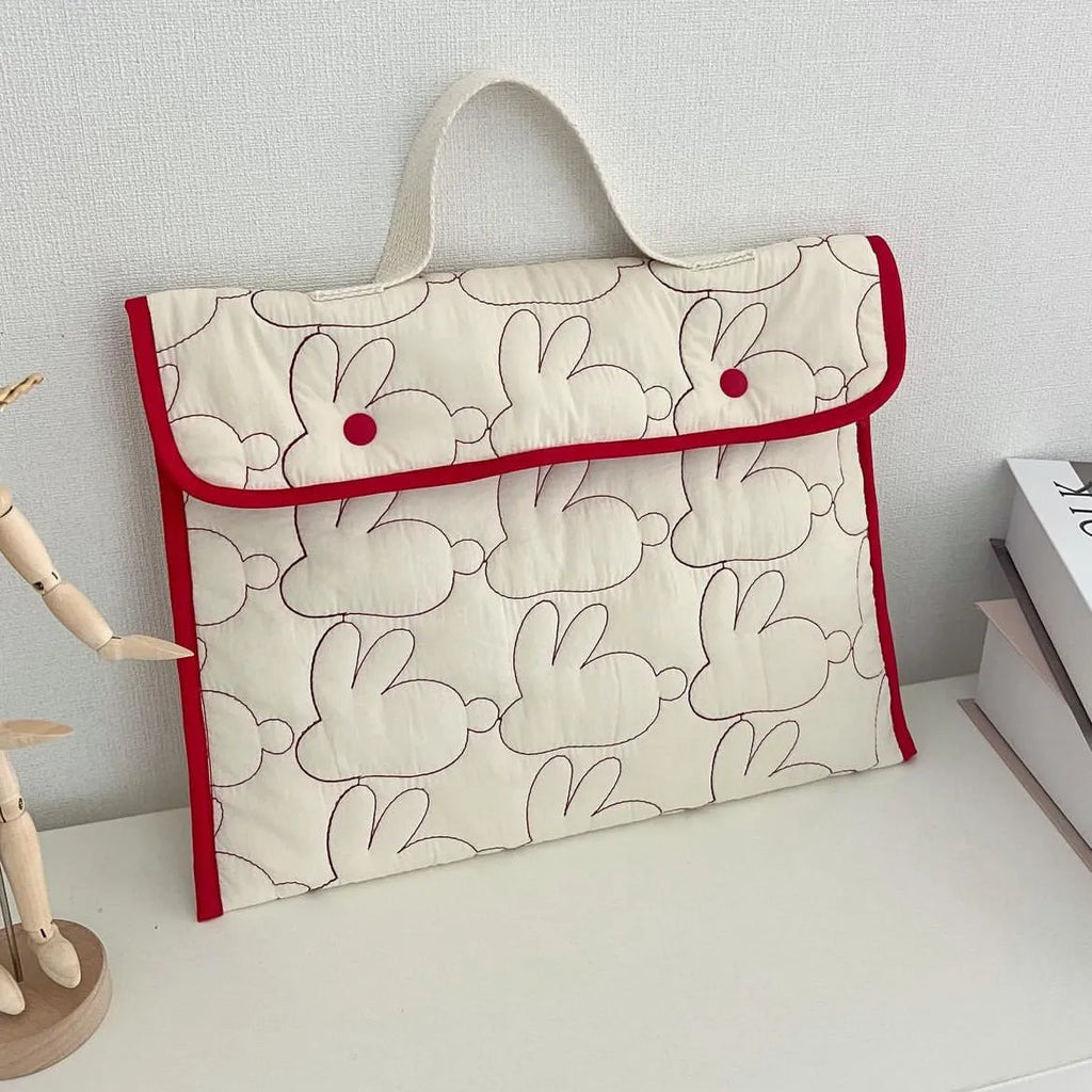 Embroidered rabbit pattern nylon tablet storage bag in red rabbit, black rabbit, red dot, or black dot, 11 inch and 13 to 14 inch sizes