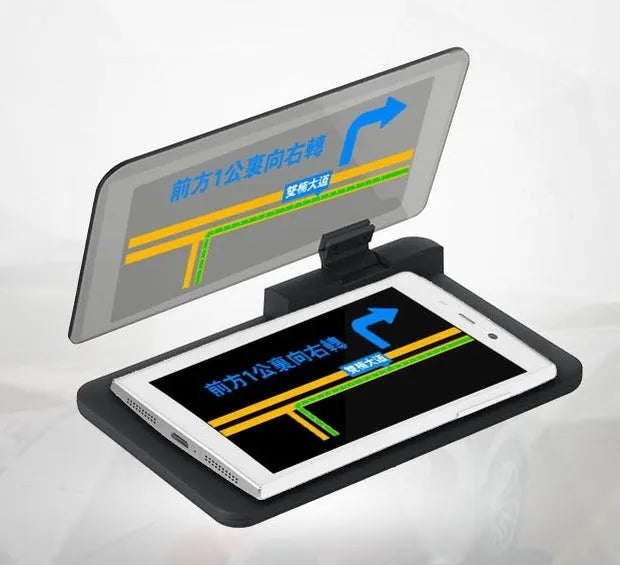Grey universal smartphone holder with organic glass panel for car navigation display projection