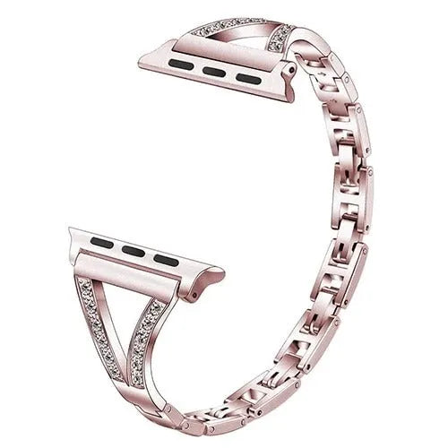Diamond-studded stainless steel watch strap in multiple colours on an adjustable metal bracelet.
