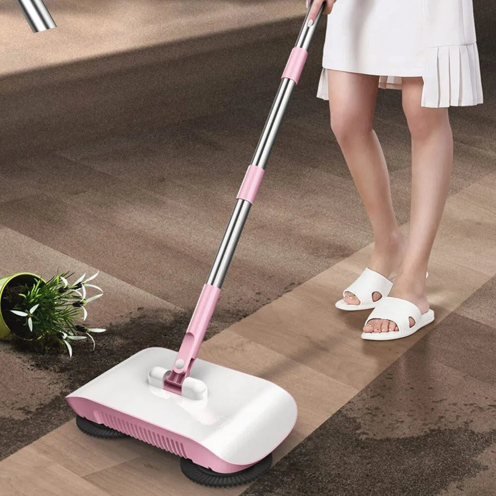 Hand push sweeper with broom, dustpan, and trash bin, 360 degree rotating brush, PP, powder colour, 102x33x16.3 cm