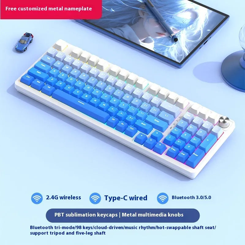 98-key wireless Bluetooth mechanical keyboard kit with metal control knob and multiple colour options