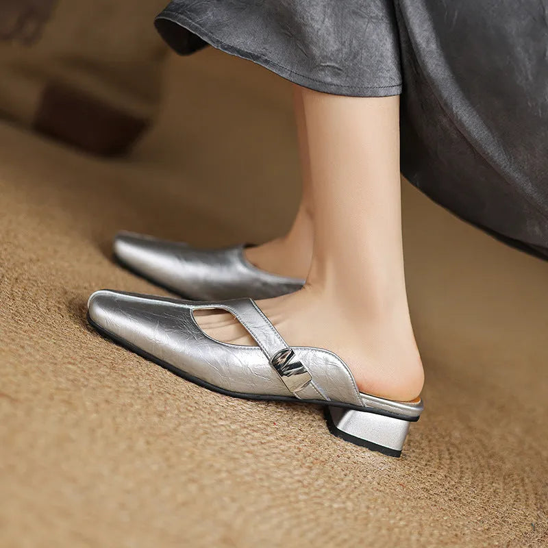 British-style square-toe outdoor slippers in artificial PU with rubber soles