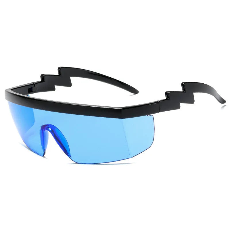 One-piece sports sunglasses with lightning leg side arms in black frame with blue PC lens