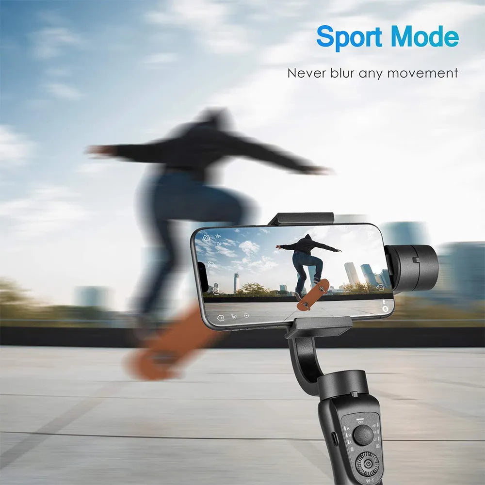 Black three-axis handheld gimbal stabilizer for mobile phones with hard case and tripod