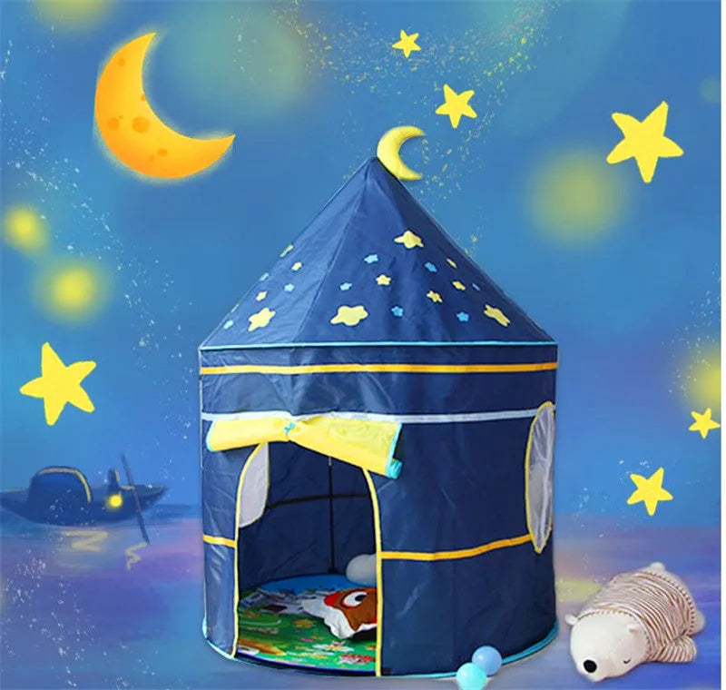 Children's toy tent made of polyester cloth with fiber rod frame, 105cm diameter, 135cm height, in a home playroom