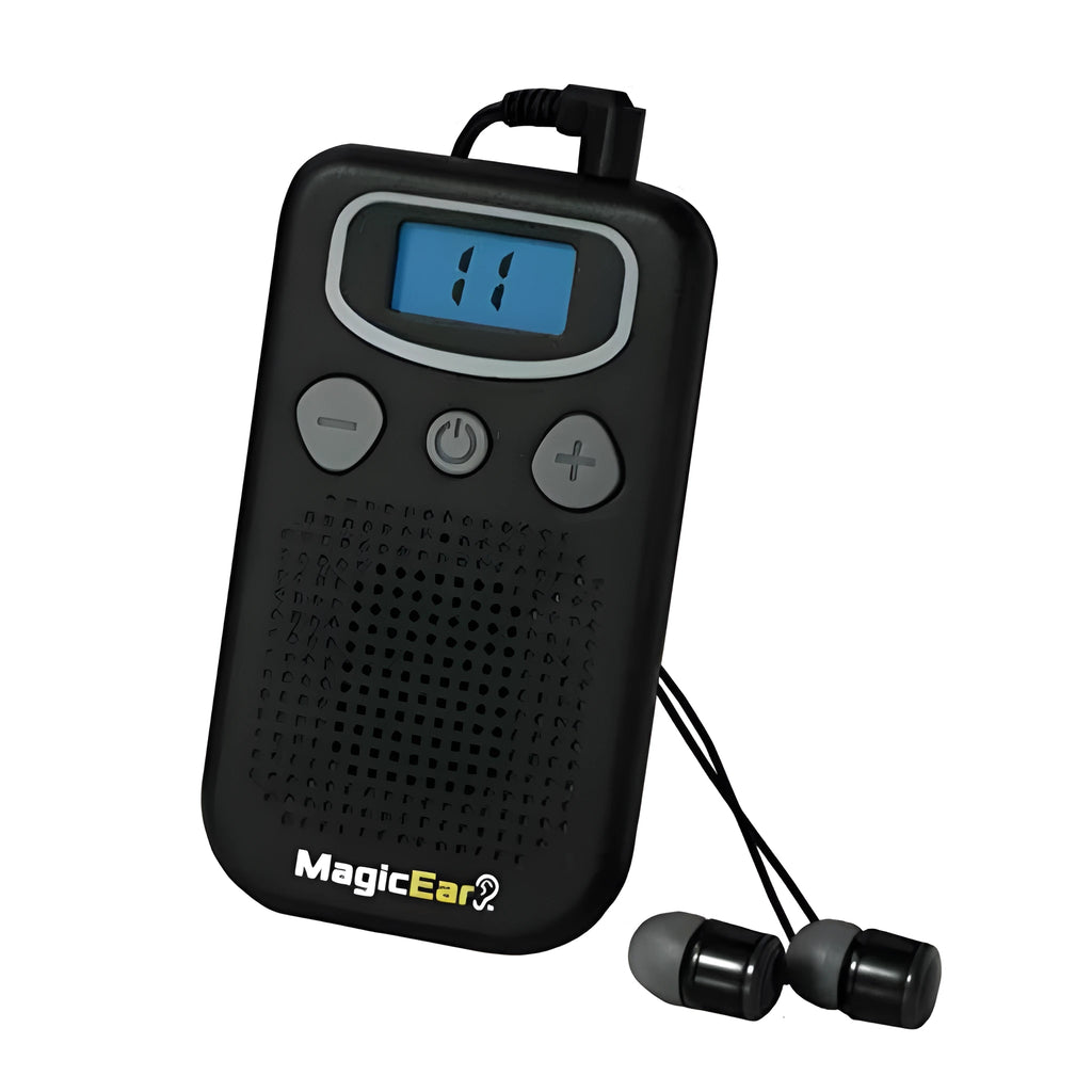 Brilliant coloured handheld digital hearing aid booster with a design resembling an FM radio.