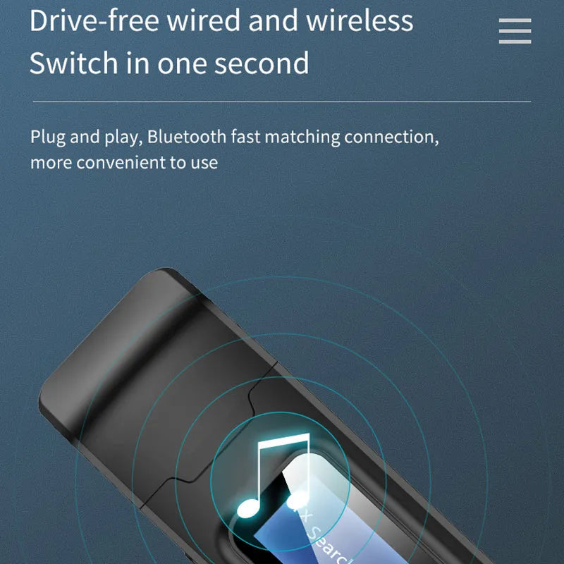Black two-in-one Bluetooth 5.0 audio transmitter with screen display, 3.5mm input, 10m range, 62x26x1mm