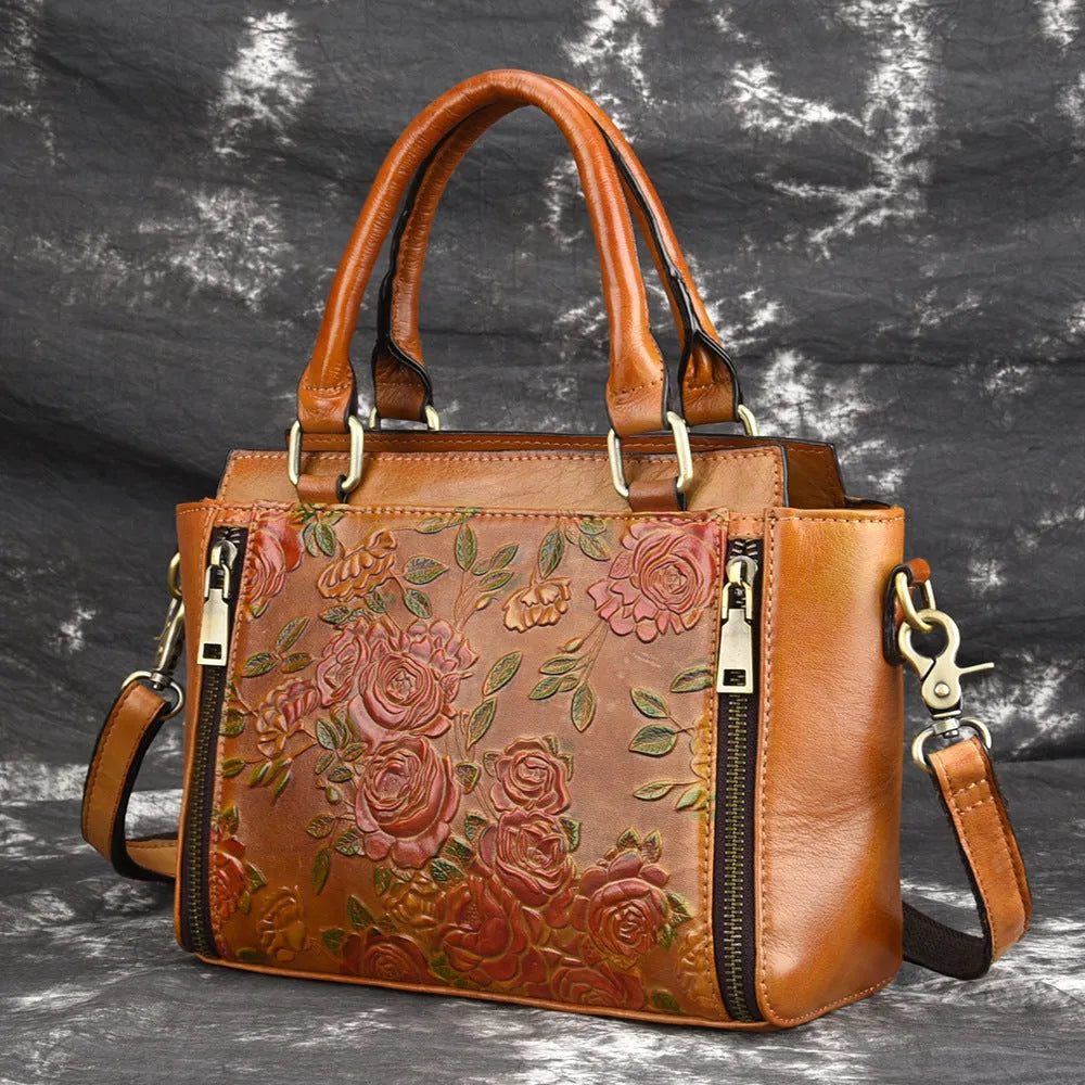 Genuine leather cross body bag in retro yellow brush colour with top handle and shoulder strap