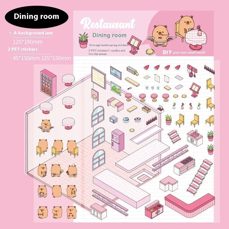 Capabala cartoon landscape 3D sticker sheet showing pre-cut self-adhesive shop scenes.