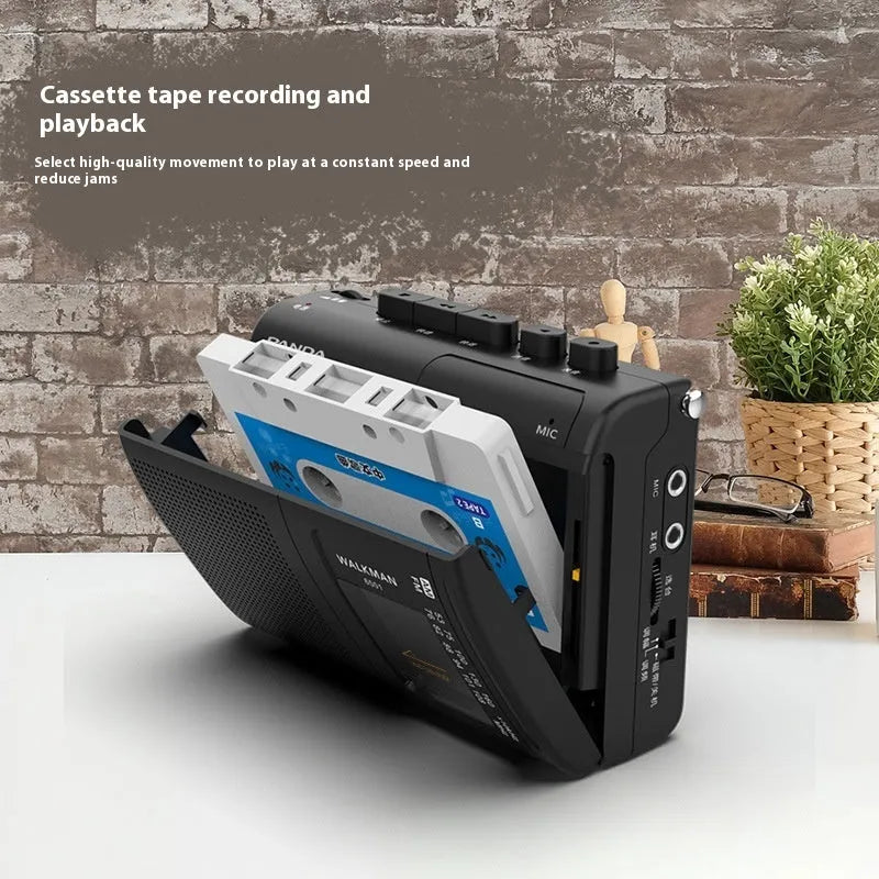 Black 6501 tape Walkman cassette player recorder with FM radio, 124 x 92 x 40mm, with headphones and power cord