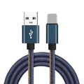 Denim braided USB-C charging cable with aluminium connectors shown in black, blue, and red colour options.