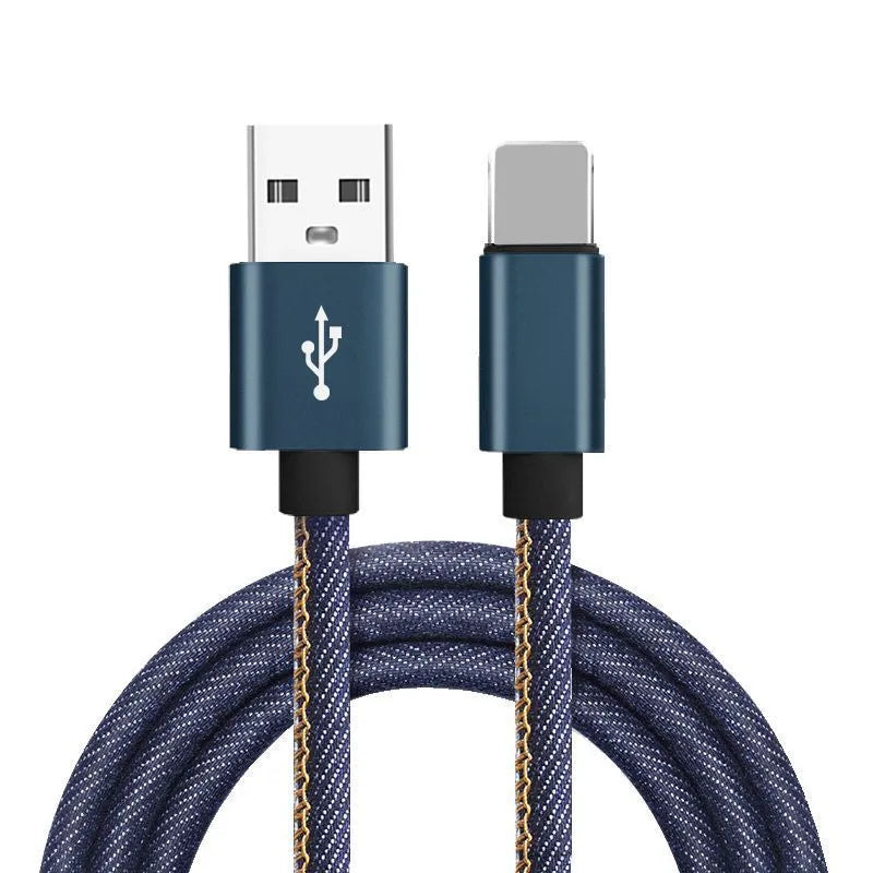 Denim braided USB-C charging cable with aluminium connectors shown in black, blue, and red colour options.