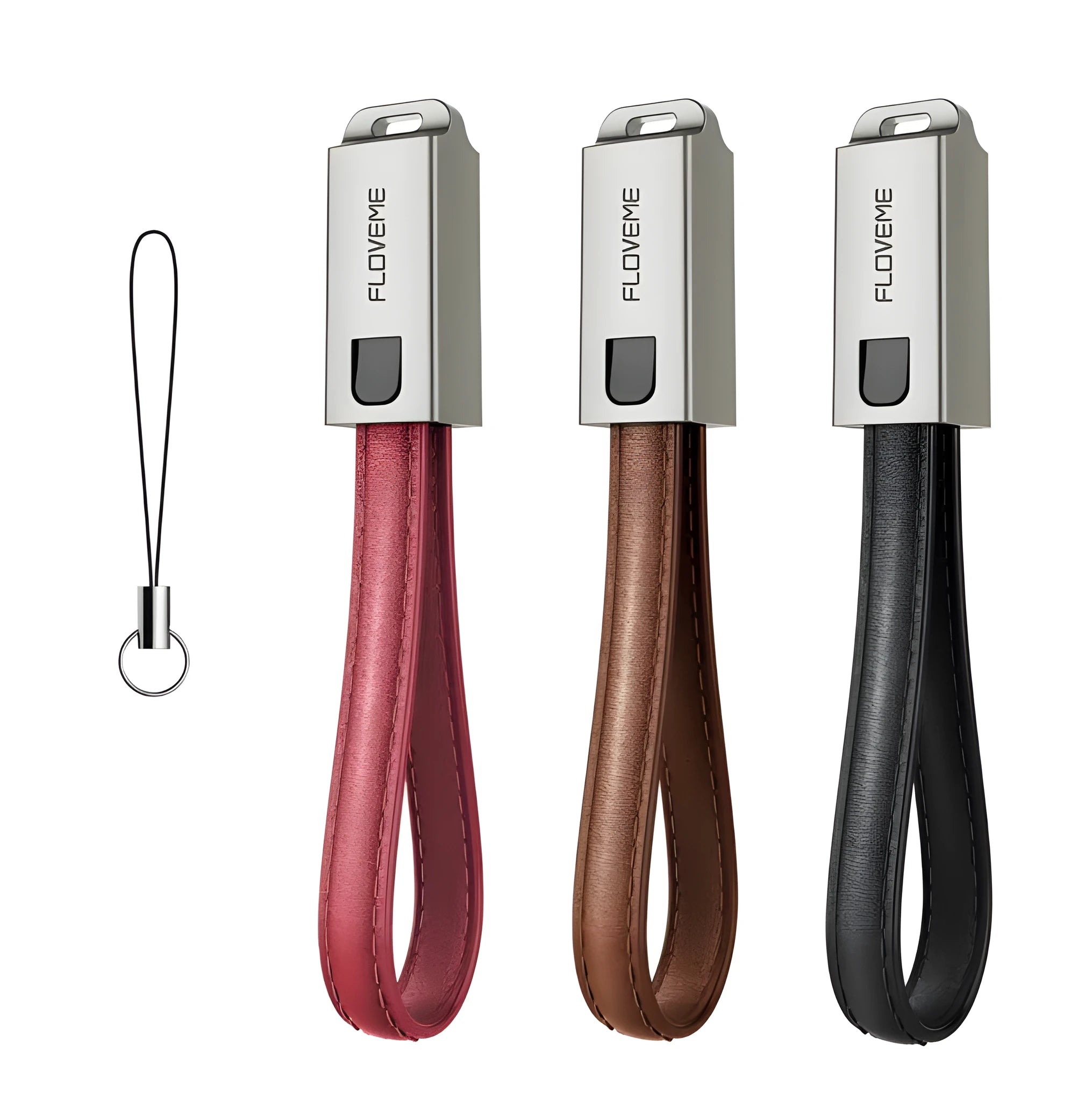 Leather braided iPhone charging cable with zinc alloy connectors in black, brown, or red colour options