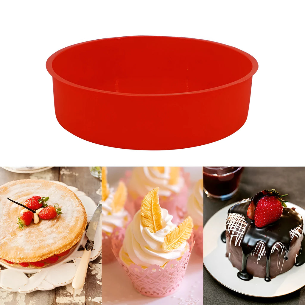 Set of three round red silicone cake moulds in 4-inch, 6-inch, and 8-inch sizes.