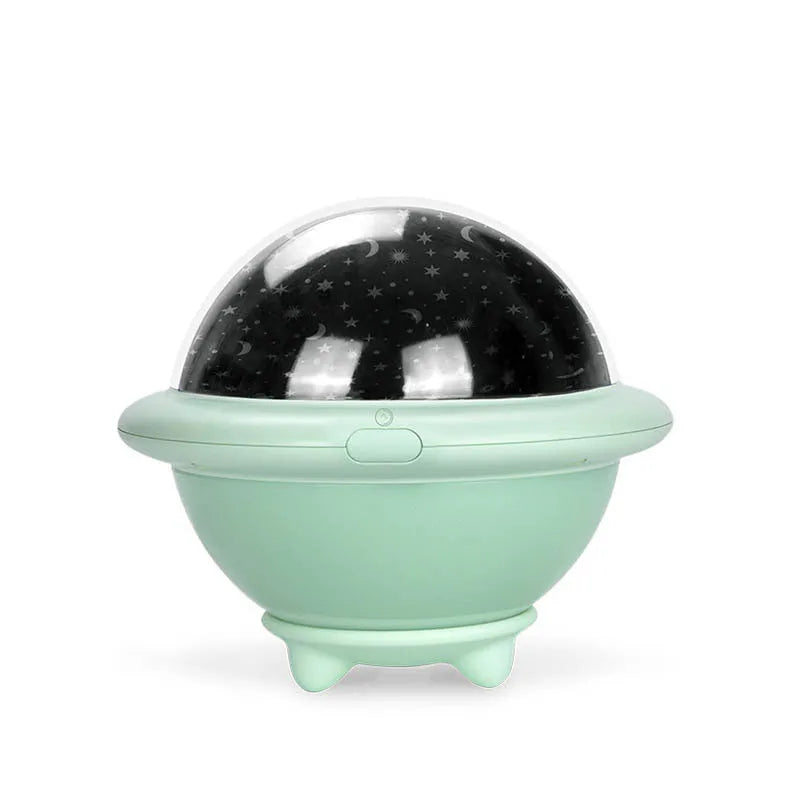 UFO-shaped star projection night light with rotating star patterns in green, pink or white colours