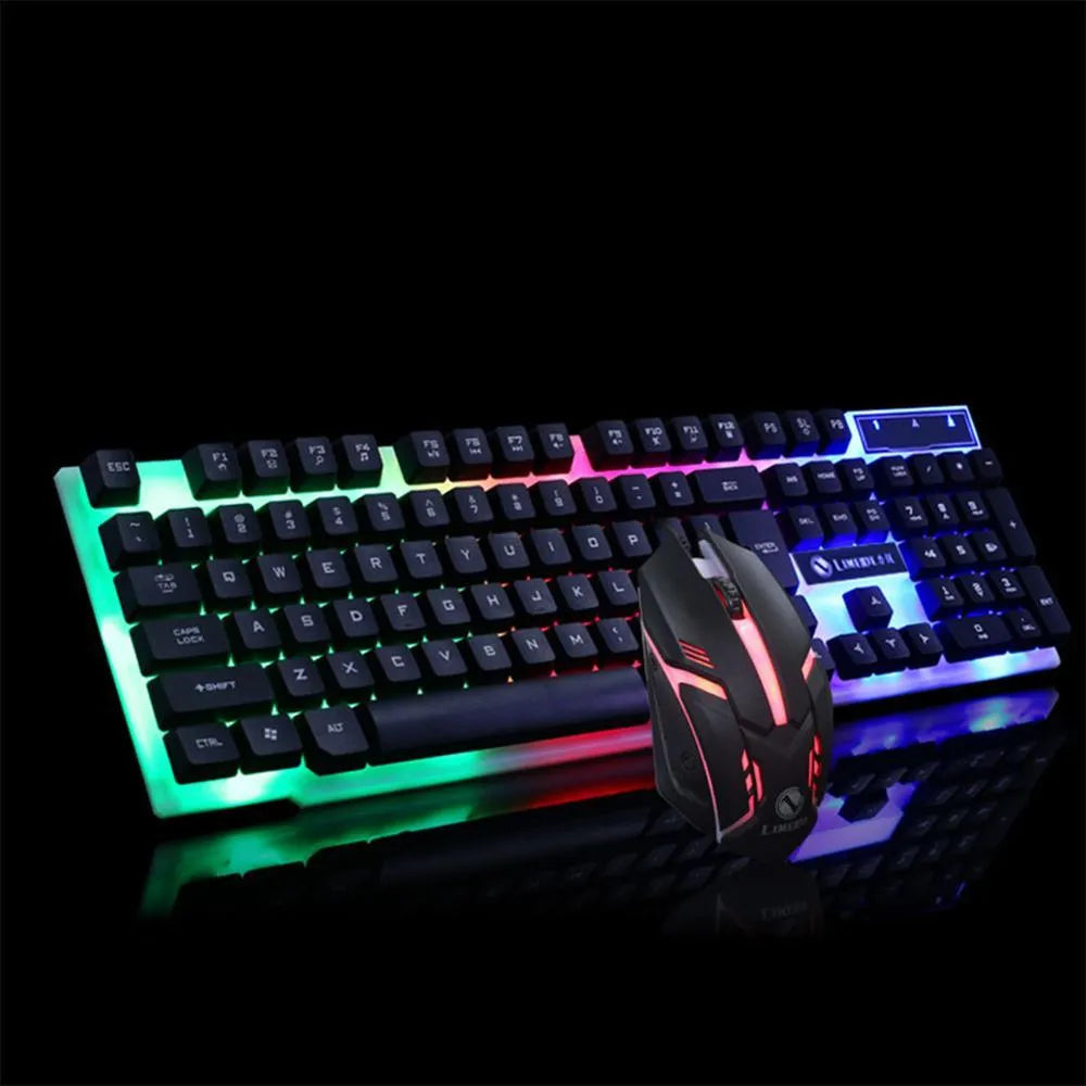 GTX300 black and white wired gaming keyboard and mouse set with glowing backlight on desk