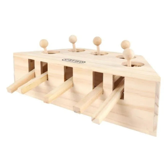 Solid wood cat toy with 3 or 5 holes in ball or cartoon style for cats, kittens and hamsters