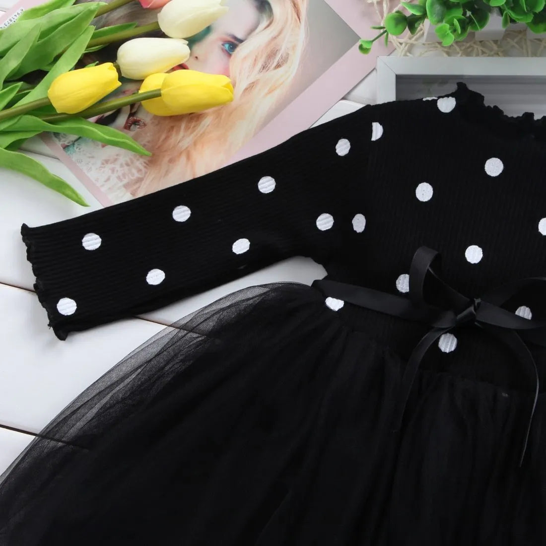 Baby girls long sleeve lace tutu dress in black, pink, or white for 1st birthday parties and christenings