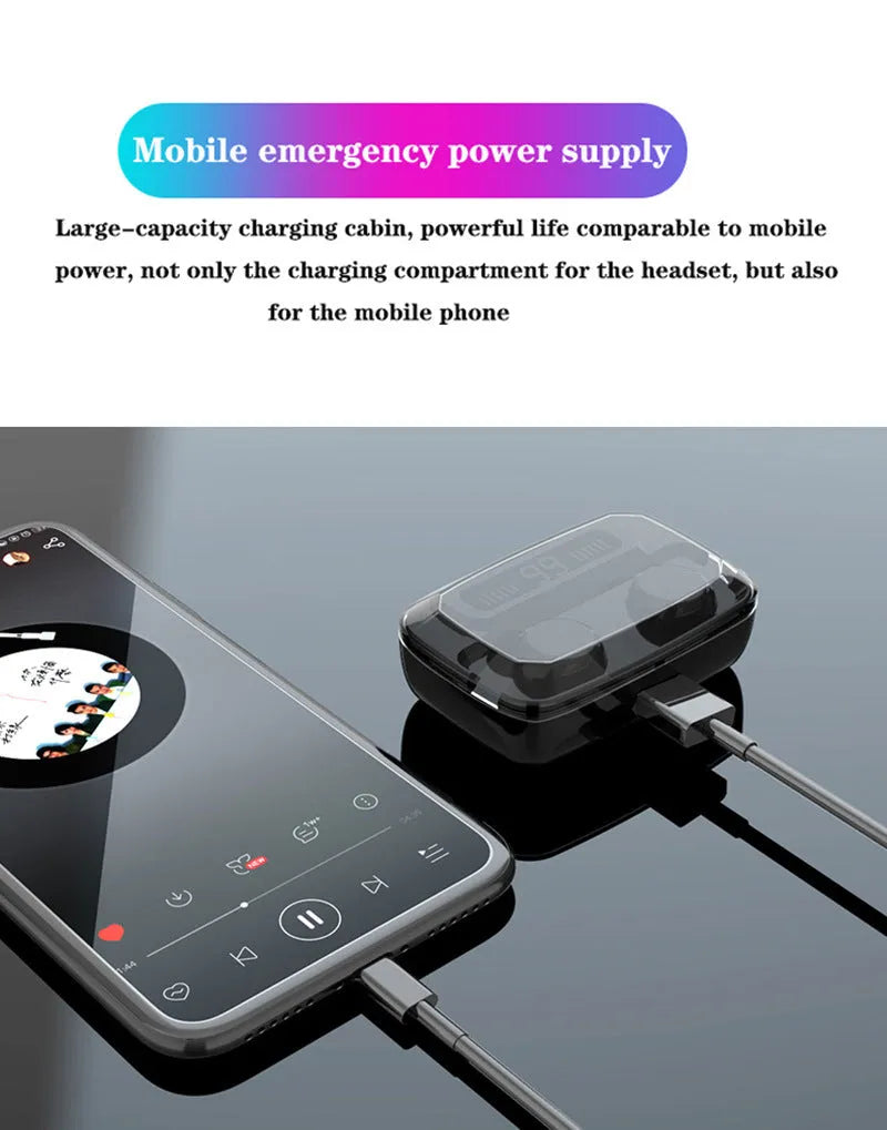 Black M11 style Bluetooth wireless in-ear headphones with a charging case showing a digital power display.