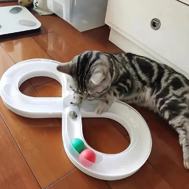 50cm long blue and white cat toy track with turntable, moving balls and teasing sticks for feline entertainment