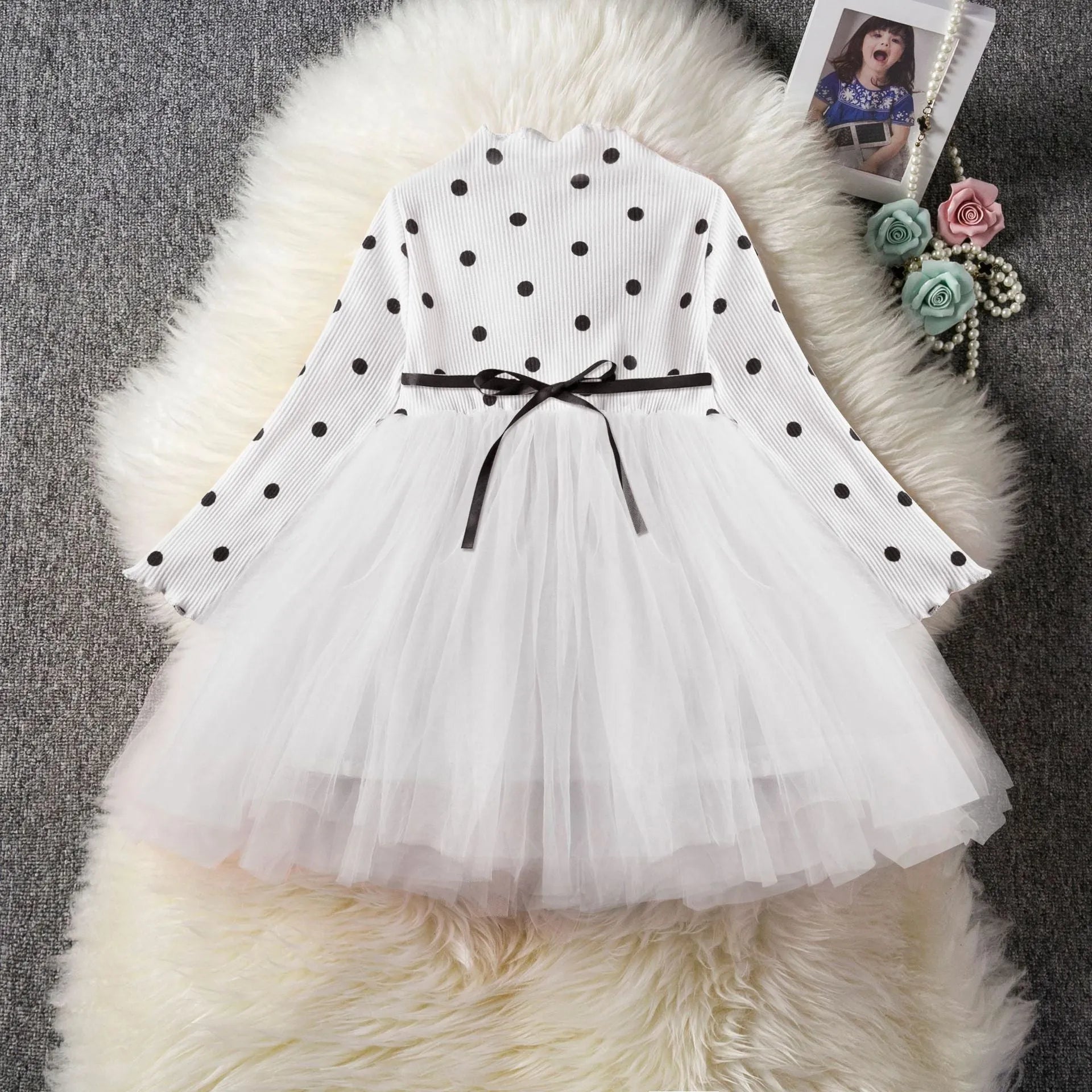 Baby girls long sleeve lace tutu dress in black, pink, or white for 1st birthday parties and christenings