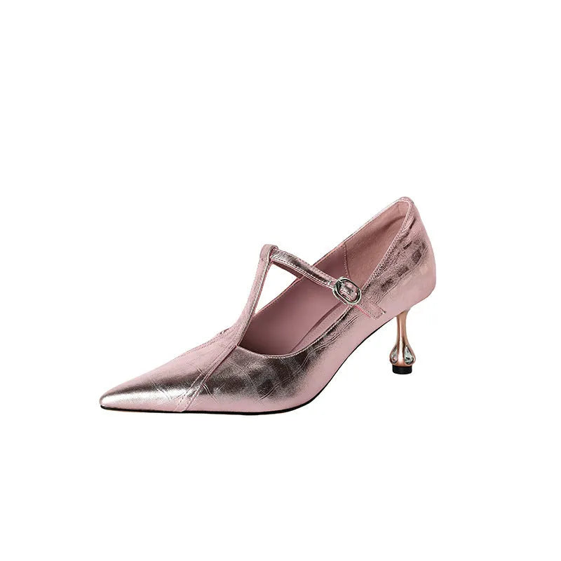 Genuine leather Mary Jane shoes with chunky heel in gun colour and pink options
