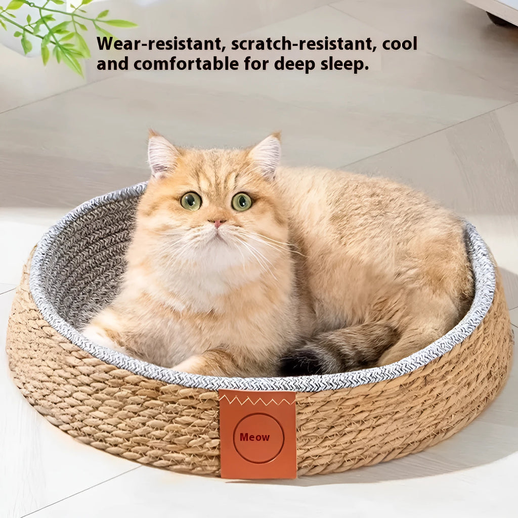 Rattan woven cat nest bed for pets, shown in a natural colour.