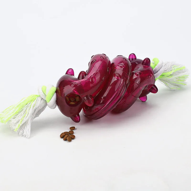 Dog bite leakage toy in TPR and cotton rope, small and large sizes for small, medium, and large dogs