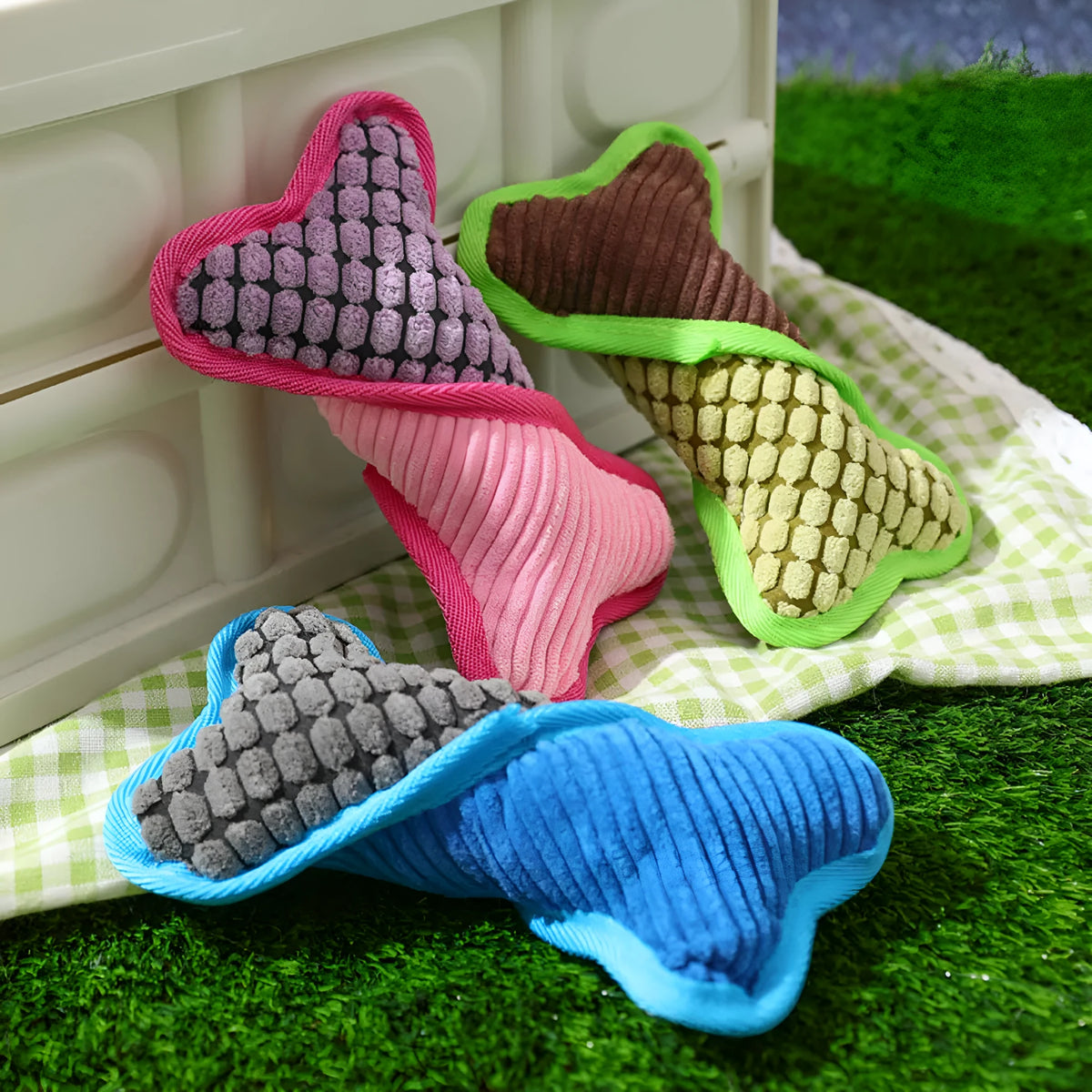 Blue teddy dog toy with rubber bone model and corn fleece lining for small to medium dogs