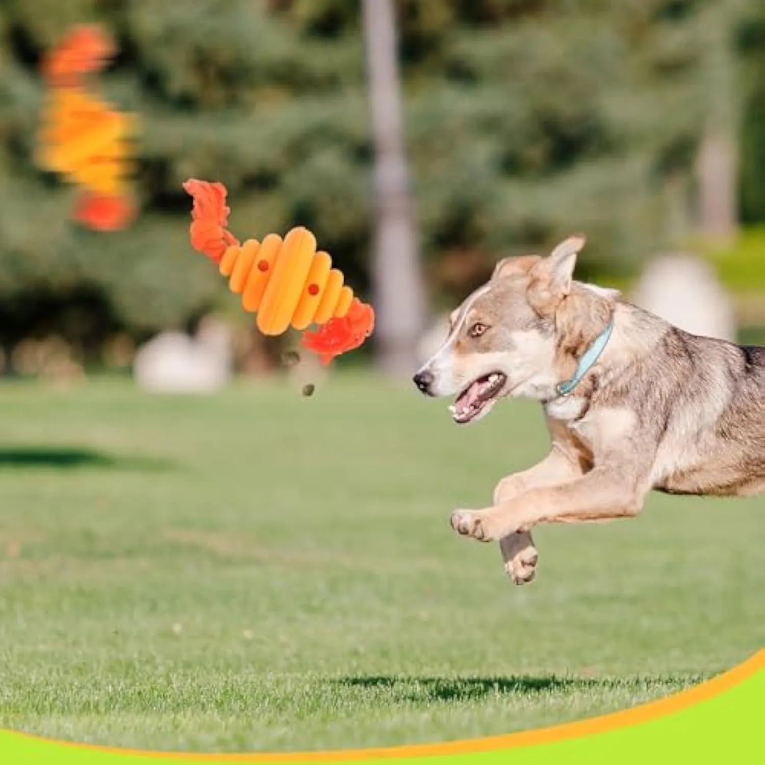 Green and yellow silicone dog ball with attached rope for tug-of-war and treat dispensing
