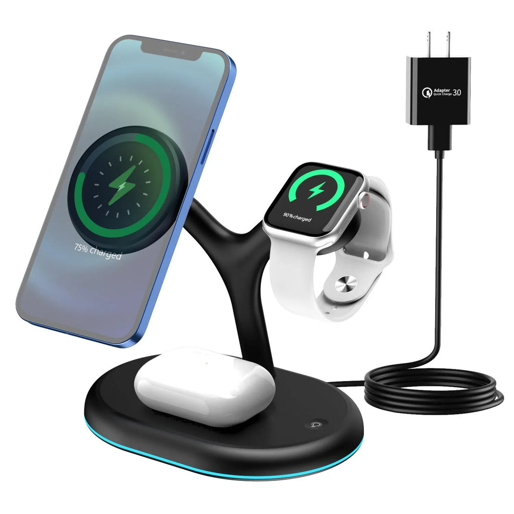 Black three-in-one magnetic wireless charging pad for smartphones and tablets.