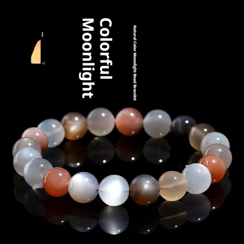 Natural moonstone bracelet with colourful moon light appearance showing 8mm beads in single circle formation