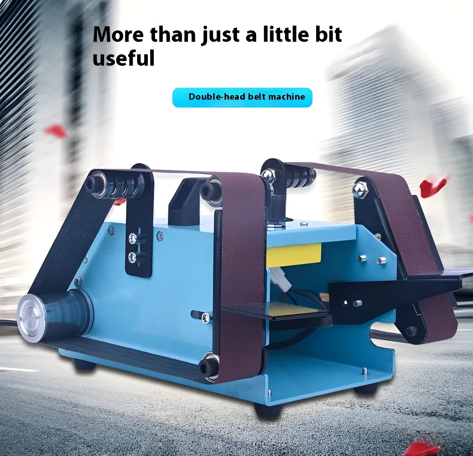 Blue desktop dual-axis belt sander with 750W motor and variable speed control on benchtop