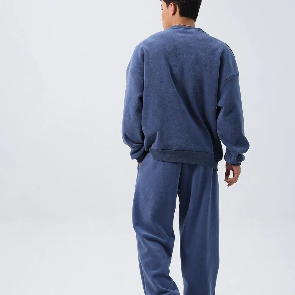 Men's polar fleece winter sports suit with crew neck coat and matching padded trousers in multiple colour options