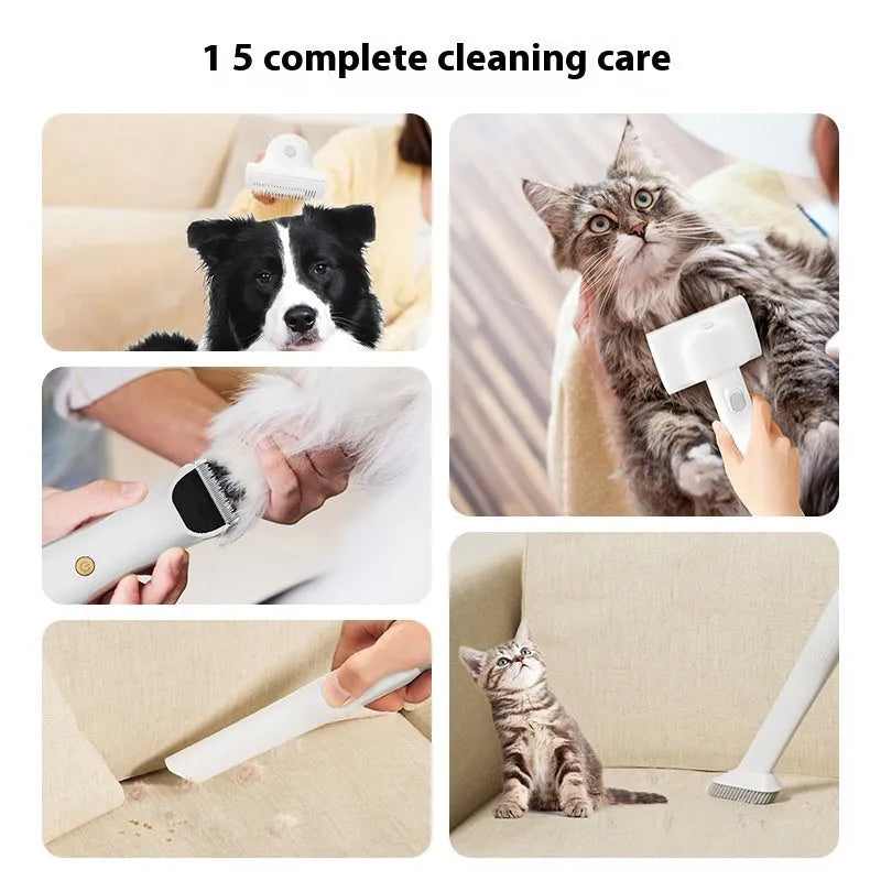 Pink and white multifunctional pet hair vacuum cleaner with electric shaver attachment and accessories.