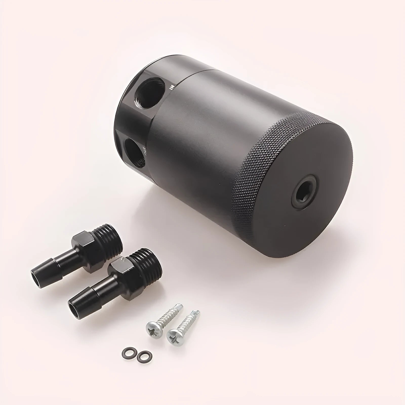 Black aluminium automotive oil pot with oil-free valve and two connector fittings